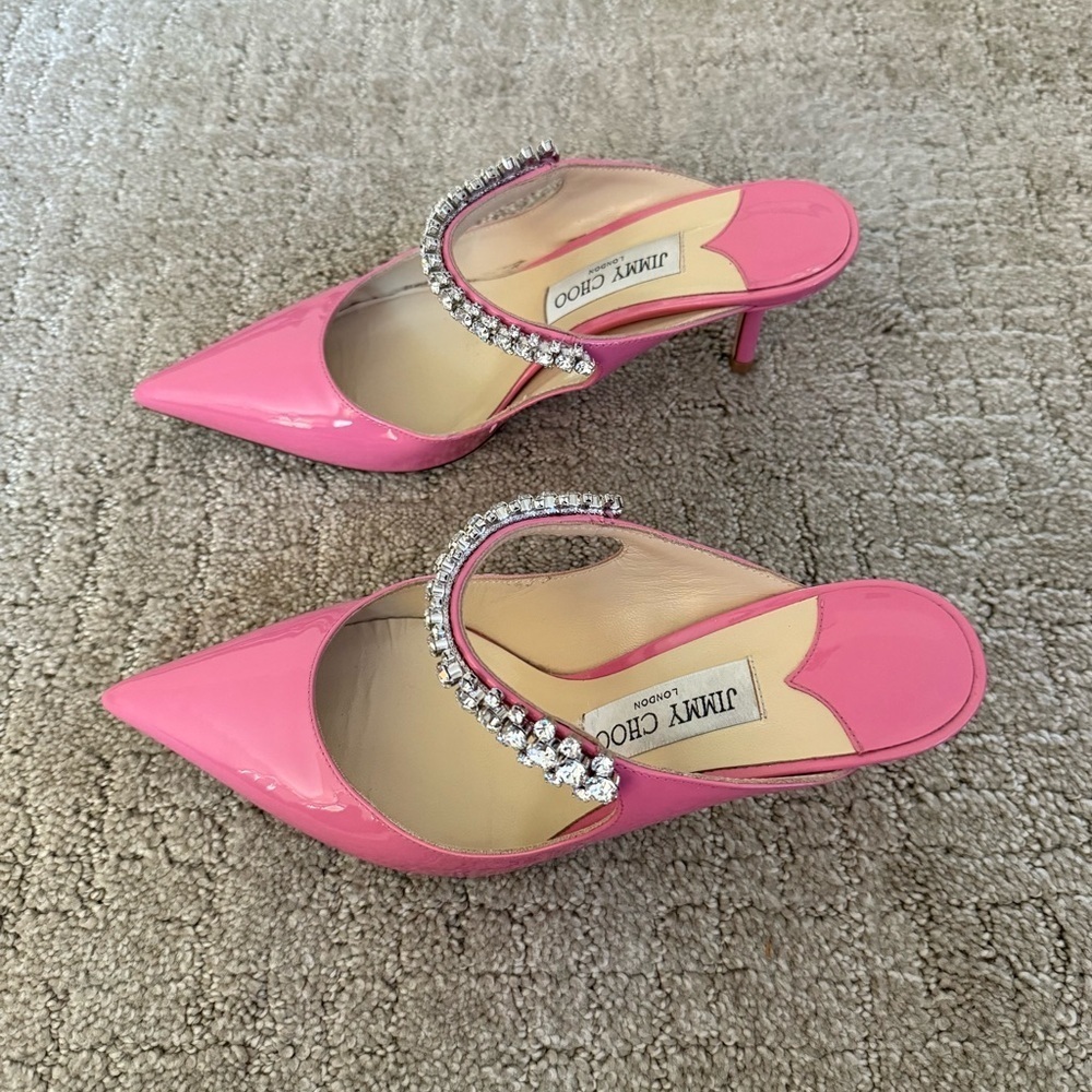 JIMMY CHOO Bing 65mm Patent Crystal Embellished Mules Candy Pink Sz 38 EU - Picture 4 of 12